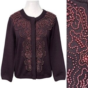 Pearl Beaded Snap Closure Knit Cardigan Purple Evening Artsy Jones NY Petite M